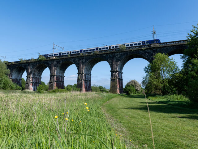 A modern passenger train travels across the historic arches of Sankey Viaduct high above the valley.