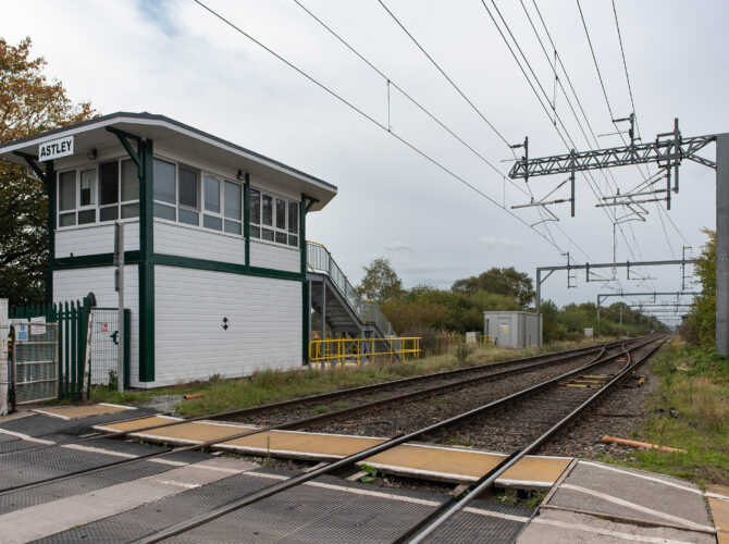 Astley signal box beside the railway line and level crossing on Chat Moss.