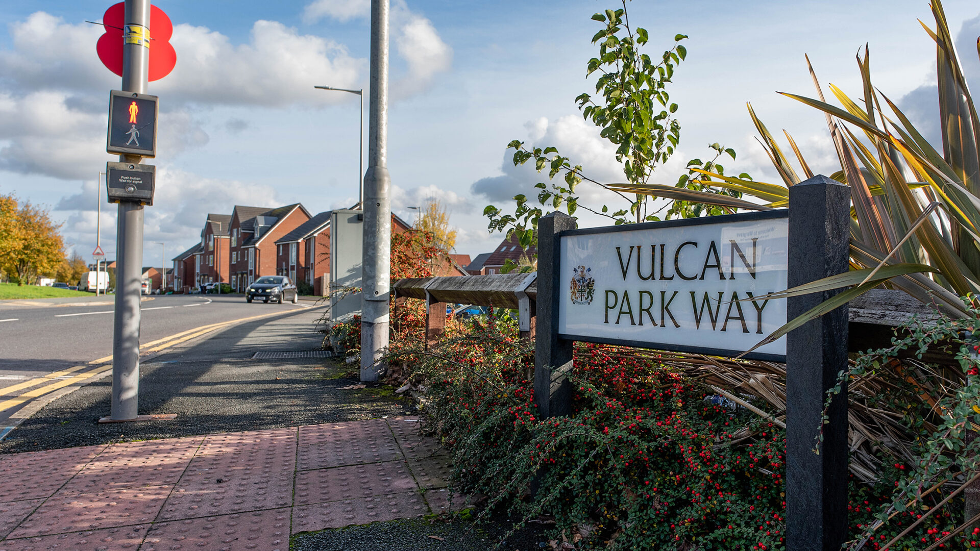A street sign marking Vulcan Park Way, a modern reminder of the locomotive works that once stood nearby.