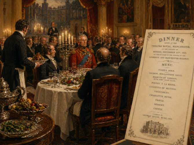 A richly detailed scene shows a formal dinner held at the Theatre Royal in Manchester in 1830, with well-dressed guests seated around a candlelit table. A prominent military figure sits at the centre while a waiter serves food. A large printed menu stands beside the table, highlighting the elaborate dishes prepared for the occasion celebrating the opening of the Liverpool & Manchester Railway.