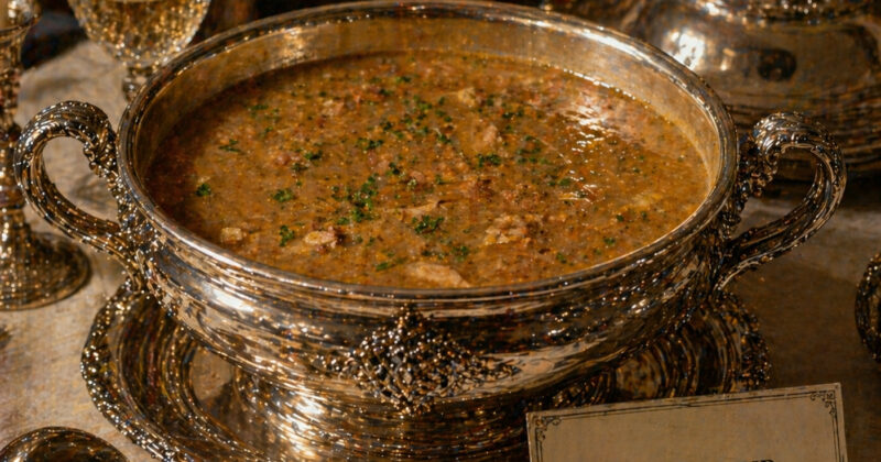 Close up image shows a richly prepared turtle soup served in an ornate silver tureen, set on an elegant banquet table. The scene reflects the style and presentation of a formal early 19th-century dinner, with polished silverware and warm lighting highlighting the luxury of the dish.