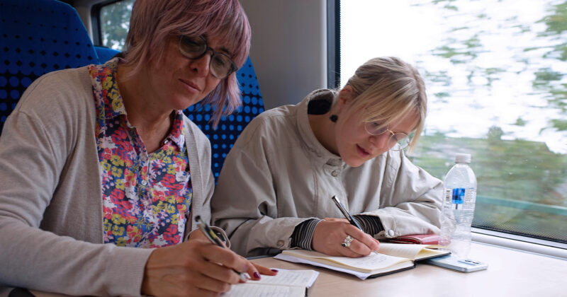 Two women sat on a train writing in books