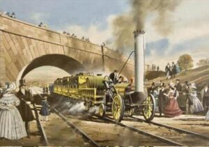 Artists impression of Stephenson's Rocket passing under Skew Bridge at Rainhill