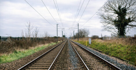 Linear perspective view down the rail tracks on Chat Moss