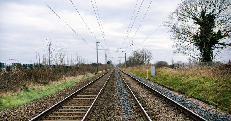 Linear perspective view down the rail tracks on Chat Moss