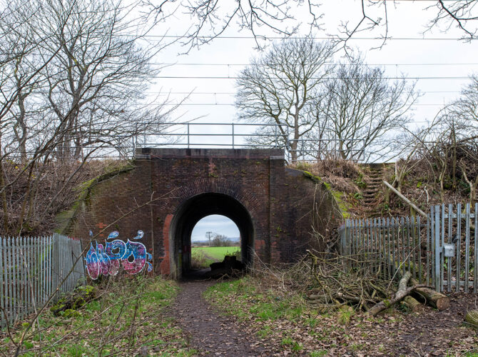 A wide view revealing the bridge within its setting, including steps up the embankment and surrounding vegetation.