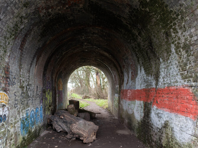 A closer interior view of the tunnel, showing textured brickwork, graffiti and fallen logs along the path.