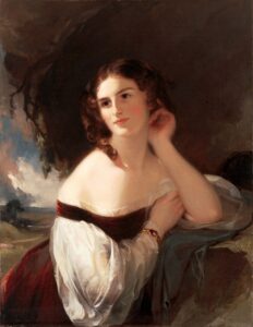 Portrait of Fanny Kemble. A handsome woman with dark hair a fair complexion wearing a off the should gown.