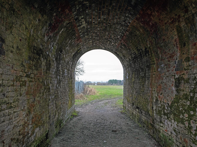 Looking through the arched passage, the worn brick lining leads out to open land beyond.
