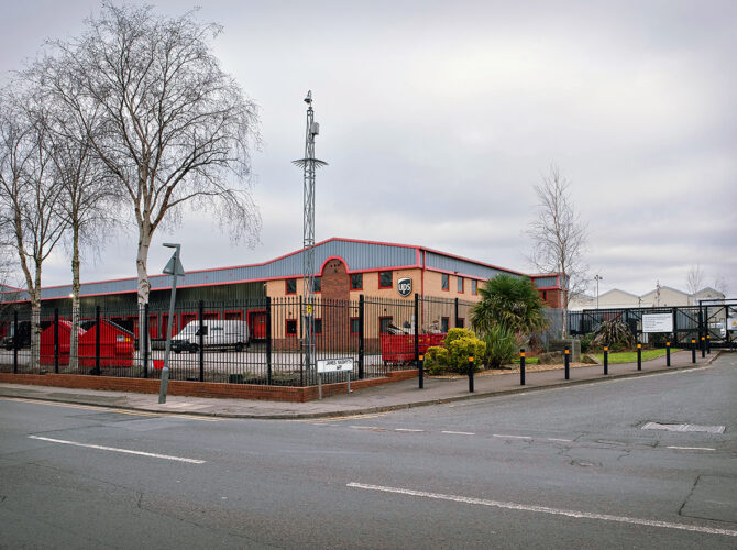 Modern warehouse buildings and fencing on the former site of the Bridgewater Foundry.