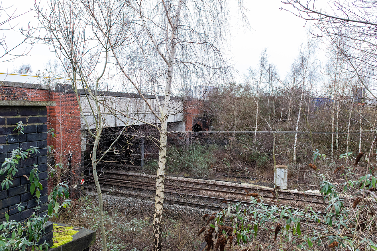 View down into the railway cutting with multiple tracks passing under brick arch openings, partially obscured by trees and vegetation