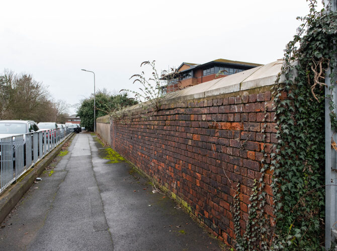 Angled view of a brick wall topped with stone coping, with ivy climbing at the edge and a pavement running alongside parked vehicles
