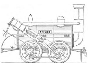 A black and white image of a steam locomotive.