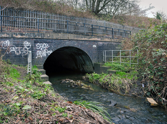 The brook approaches the tunnel, with water running steadily into the dark brick-lined passage.