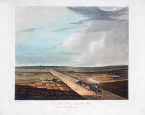 Old painting of Chat Moss a flat bit of land with a steam train running along a track. Big blue sky with clouds