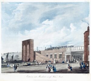 Painting of the entrance of Water Street. Picture of building with people milling around and a railway bridge in the distance.