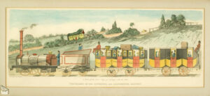 A mail train in bright colours travelling along the track. Steam coming out of locomotive.